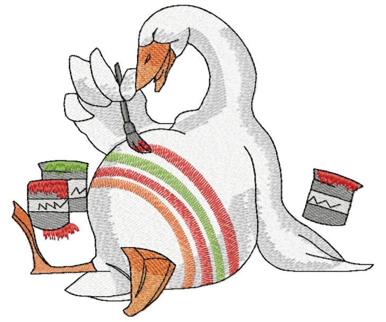 Op de afbeelding: Een witte gans die zijn eigen lichaam schildert met een kwast. De gans zit op zijn zij en heeft een regenboog van kleuren op zijn rug geschilderd. Er zijn drie verfpotten op de voorgrond, waarvan er twee rood zijn en &eacute;&eacute;n groen.