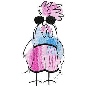 May include: A stylized illustration of a chicken wearing sunglasses. The chicken is pink, blue, and white with black outlines. The chicken is wearing black sunglasses.