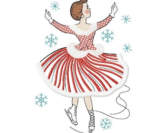 Lady Ice Skating Machine Embroidery Design Fringe, Christmas Vintage Design, Victorian Christmas Design, Lady in Stripes 5*7, 6*8, 6*9