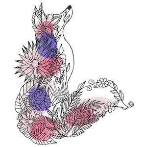 Puede incluir: Una ilustración de línea de un zorro con detalles florales rosas, morados y blancos. El zorro está sentado con la cola enroscada alrededor de su cuerpo.