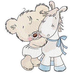 May include: A brown teddy bear with a blue diaper is hugging a white horse with a blue ribbon around its neck. Both animals have closed eyes and are smiling.