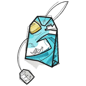 May include: A stylized teal tea bag design featuring a nautical theme. The illustration includes a yellow sun, a paper boat, and a large wave. The tag at the end of the string has an anchor design.