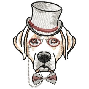 May include: A white Labrador Retriever wearing a top hat, bow tie, and round glasses with a chain. The dog has brown eyes and a brown nose.