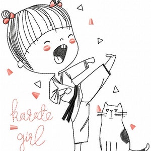 Karate Girl Machine Embroidery Design, Girl with Cat, Kids design     5*7, 6*8, 6*9