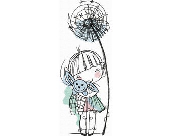 Girl with a Bunny Machine Embroidery Design, Girl and Dandelion design, Kids design  5*7, 6*8, 6*9