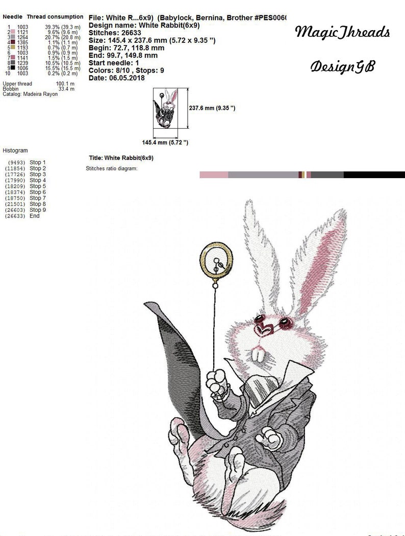 White Rabbit Machine Embroidery Design, Embroidery White Rabbit, Alice ...