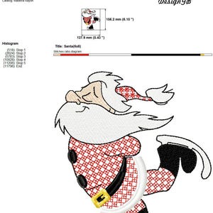 May include: A red and white checkered Santa Claus ice skating design for embroidery. The design is 5.43 inches by 6.15 inches and has 5 color stops.