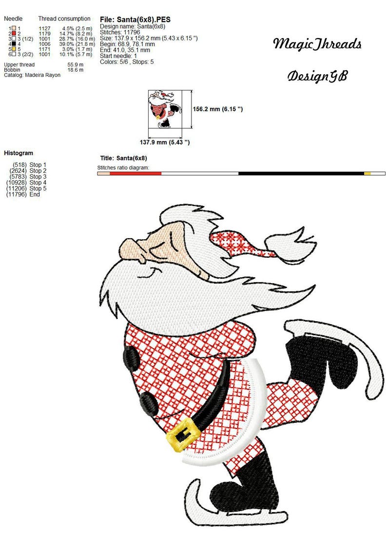 May include: A red and white checkered Santa Claus ice skating design for embroidery. The design is 5.43 inches by 6.15 inches and has 5 color stops.