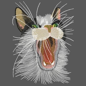 Puede incluir: Un gato blanco y negro con ojos verdes está bostezando con la boca bien abierta. El gato tiene largos bigotes blancos y una mancha blanca en el pecho.