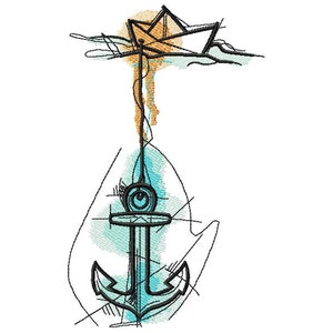 Może przedstawiać: Czarna kotwica na niebiesko-białym tle akwarelowym. Mały papierowy statek znajduje się nad kotwicą, na żółto-pomarańczowym tle akwarelowym.