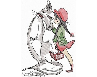 Red Riding Hood and the Wolf Machine Embroidery Design, Dark Fairy Tales, Gray Wolf Design 5*7, 6*8, 6*9