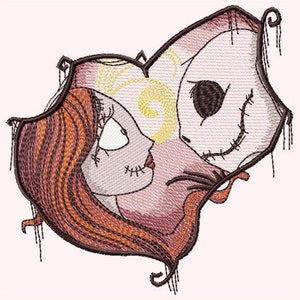 May include: A black and white illustration of Jack Skellington and Sally from the Nightmare Before Christmas movie. They are both smiling and looking at each other. The illustration is in the shape of a heart.