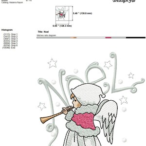 May include: Embroidered design of a white angel playing a trumpet with the word "Noel" in cursive script. The angel is wearing a white dress, a pink vest, and a white hat. The design is surrounded by white stars and swirls.