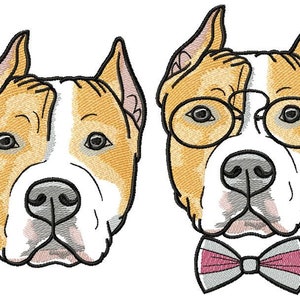 May include: Two illustrations of a brown and white pit bull terrier. The first image shows the dog's face with a neutral expression. The second image shows the dog wearing round glasses and a pink bow tie.