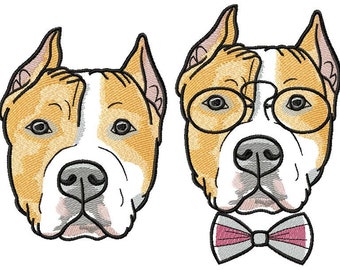 Hipster Dog American Staffordshire Terrier Breed in a Pince nez and Bow tie Machine Embroidery Design (two designs)  5*7, 6*8, 6*9