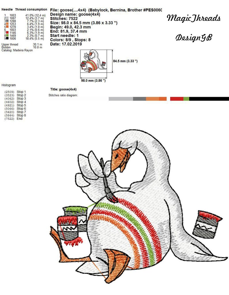 Op de afbeelding: Een geborduurd ontwerp van een gans die een regenboog schildert met een penseel. De gans zit op zijn achterwerk met zijn poten gestrekt. Er zijn drie verfpotten in rood, oranje en groen. Het ontwerp is 9,8 cm bij 8,45 cm.