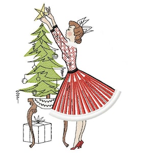 Lady Putting Star On Tree Machine embroidery design Fringe, Christmas Vintage design, Happy holiday, Retro vintage design 5*7, 6*8, 6*9