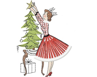Lady Putting Star On Tree Machine embroidery design Fringe, Christmas Vintage design, Happy holiday, Retro vintage design 5*7, 6*8, 6*9