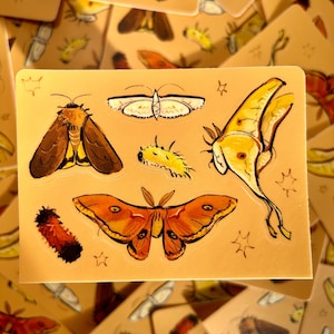 May include: A sheet of stickers featuring illustrations of various moths and caterpillars. The stickers are on a light orange background with white stars. The moths are in various colors, including brown, yellow, and orange. The caterpillars are green and brown.