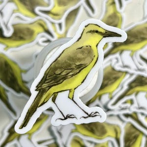 Peut inclure: Autocollant représentant un oiseau jaune et vert olive avec un contour blanc. L'oiseau est représenté de profil, tourné vers la gauche. L'arrière-plan est rempli d'autocollants d'oiseaux similaires.