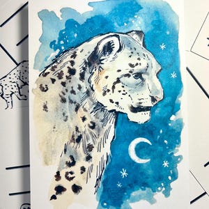 Impressão artística de cartão postal de leopardo da neve