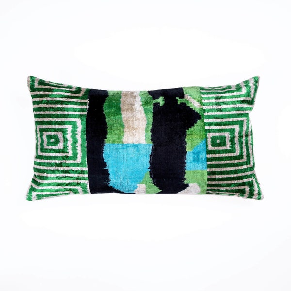Green silk velvet lumbar pillow cover, Green velvet cushion cover,Silk throw pillow,Bohemian pillow,Unique throw pillow,Kutnu pillow