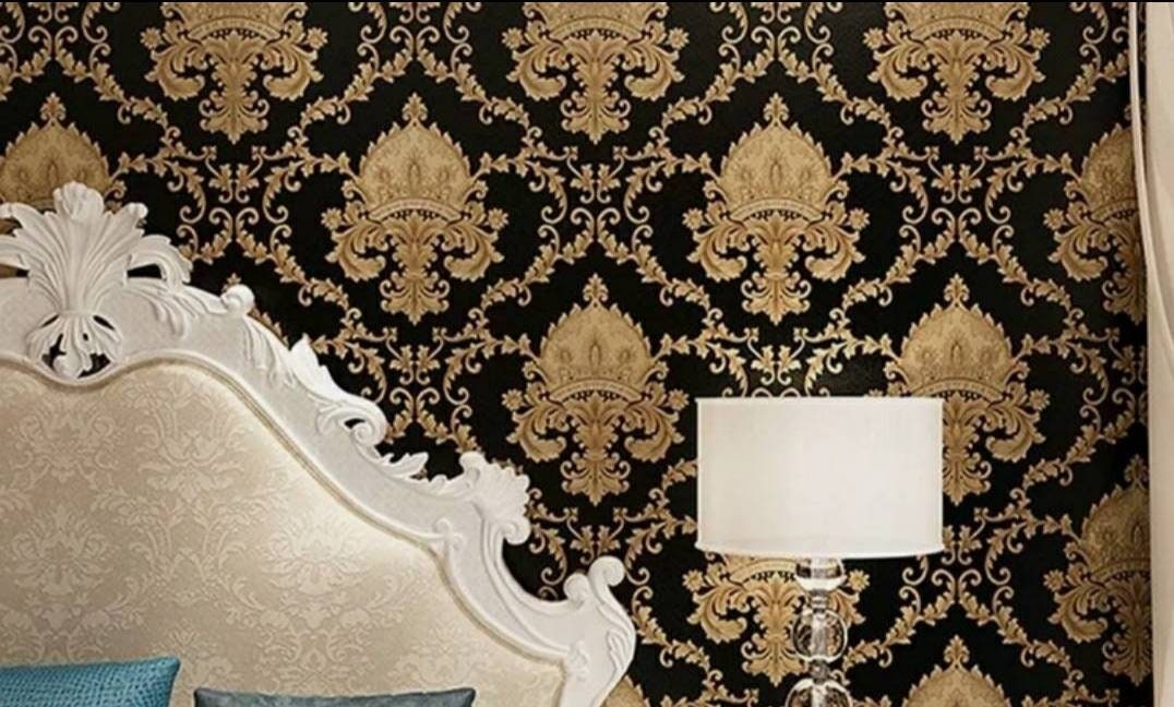 SALE Luxury 10metres 3D Damask Gold Black Damask Wallpaper Luxury