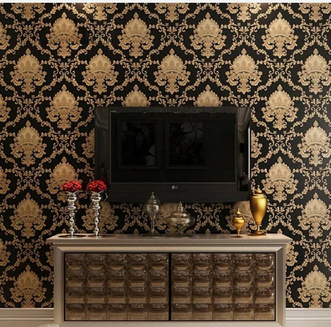 SALE Luxury 10metres 3D Damask Gold Black Damask Wallpaper Luxury