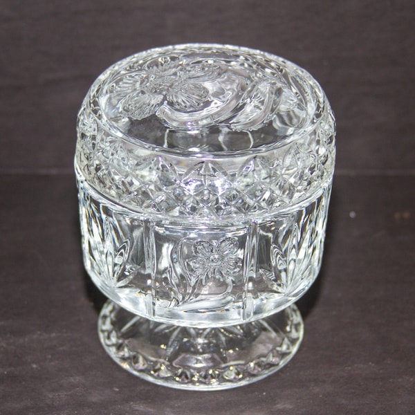 Vintage 1974Avon Fosteria Helder glas voetstuk Vanity Jar met deksel 4 "