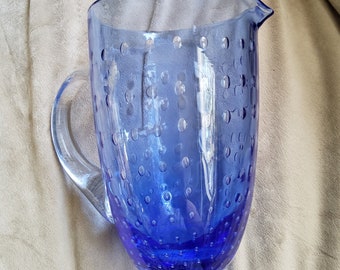 Blue and Clear Bubbled Glass Pitcher