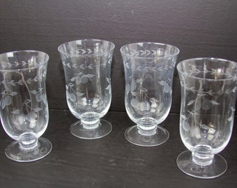 Glass Water Goblets Etched with Cherries and Leaves