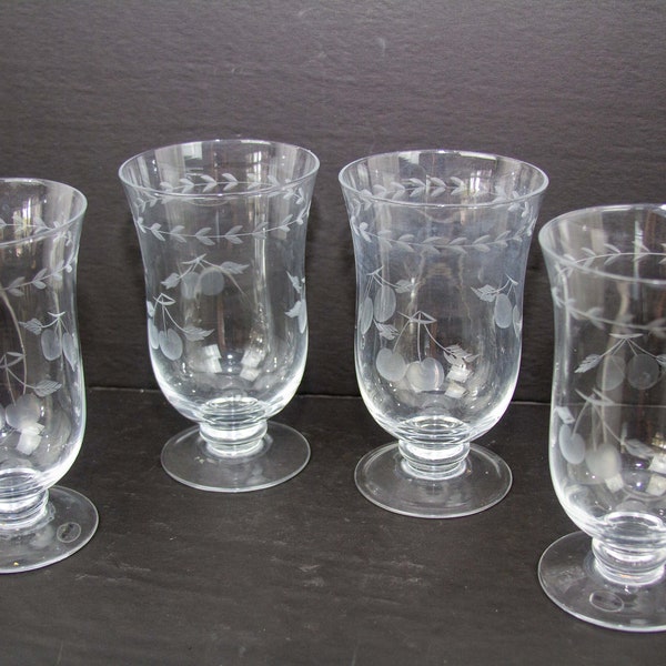 Glass Water Goblets Etched with Cherries and Leaves