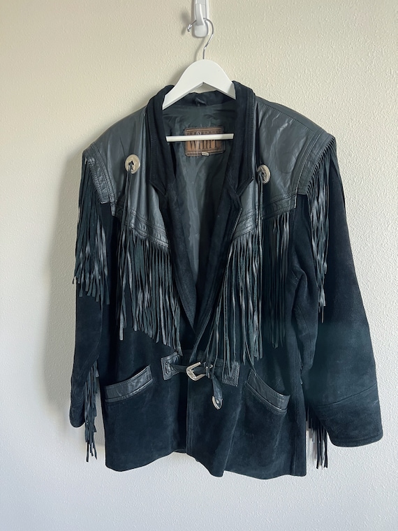 Vintage Black Leather Jacket w/Fringe Md.