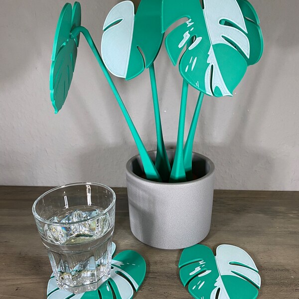 Monstera Deliciosa Variegata mit magnetischen Blättern als Tassen Untersetzer - 3D Druck einzigartige Deko in Form einer Pflanze Albo Style