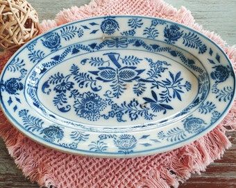 Servierplatte uralt gestempelt, ANNABURG royalblau Muster Blumen floral blau weiss Servierteller Porzellan vintage Geschirr Landhausstil
