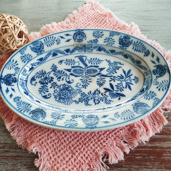 Servierplatte uralt gestempelt, ANNABURG royalblau Muster Blumen floral blau weiss Servierteller Porzellan vintage Geschirr Landhausstil