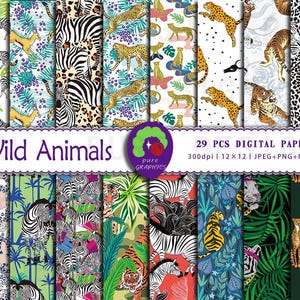 May include: A collection of 29 digital papers featuring various wild animal patterns, including zebras, leopards, and tigers. The designs incorporate vibrant colors and tropical foliage, with the text "Wild Animals" and "29 PCS DIGITAL PAPERS" displayed.