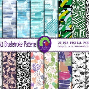 Puede incluir: Una colección de 33 papeles digitales con patrones abstractos de pinceladas en varios colores y estilos. Los diseños incluyen rayas, círculos y garabatos. La imagen incluye el texto "Abstract Brushstroke Patterns" y "33 PCS DIGITAL PAPERS".