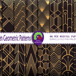 B_S_0221 | 46 mönster gyllene geometriska mönster sömlösa digitala papper | Art déco | Lyxigt guld och svart | Elegant geometrisk design