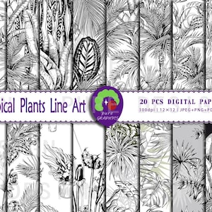 May include: A set of 20 digital papers featuring black and white line art illustrations of tropical plants. The papers are 12 inches by 12 inches and 300 dpi. The papers are available in JPEG, PNG, PDF, and AI formats.