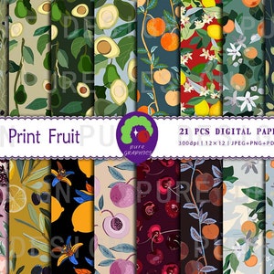 B_S_0262 | 21 Designs Fruit-Themed Seamless Digital Paper | Avocado Patterns | Citrus | Cherry | Lemon | Leaf | Colorful Fruits | Tropical