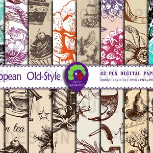 May include: A set of 42 digital papers in a vintage European style. The papers feature various illustrations, including flowers, birds, teacups, cupcakes, and a witch's hat. The papers are 12x12 inches and 300 dpi.