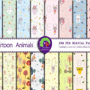 May include: A set of 198 digital papers featuring cartoon animals in various patterns. The papers are 12x12 inches and 300 dpi. The designs include bunnies, bears, foxes, and other animals in a variety of colors and styles.