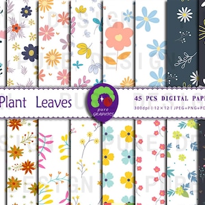 Könnte beinhalten: Ein Set mit 45 digitalen Papieren mit verschiedenen floralen Mustern. Die Papiere sind 12x12 Zoll groß und haben eine Auflösung von 300 dpi. Die Muster umfassen Blumen, Blätter und andere botanische Elemente. Die Papiere sind in den Formaten JPEG, PNG, PDF und AI verfügbar.