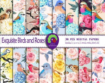 May include: A set of 30 digital papers featuring watercolor illustrations of birds and roses. The papers are 12 inches by 12 inches and 300 dpi. They are available in JPEG, PNG, PDF, and AI formats.