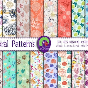 B_S_0112 | 90 Designs Coral Patterns Seamless Digital Paper | Vibrant Oceanic Coral, Fish & Sea Life Patterns | Beach, Summer Crafts