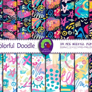 Op de afbeelding: 19 digitale papieren met kleurrijke doodle-patronen in roze, blauw, geel en groen op een donkerblauwe achtergrond. De papieren zijn 12x12 inch en 300 dpi. De tekst "Colorful Doodle" en "19 PCS DIGITAL PAPERS" is opgenomen in de afbeelding.