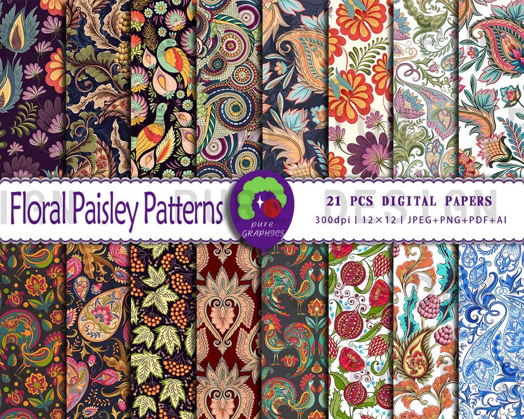 B_S_0076 | 21 Designs Floral Paisley Seamless Digital Paper | Vibrant ...