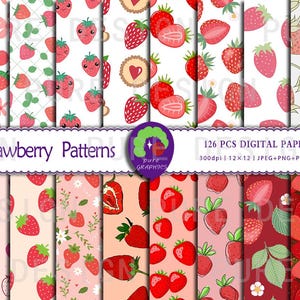 B_S_0354 | 126 wzorów Wzory truskawkowe Bezszwowy papier cyfrowy | Soczyste truskawki, Kawaii Designs, Świeże nadruki jagodowe | Rzemiosło, Dekoracja