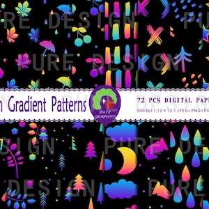 May include: 72 digital papers with neon gradient patterns. The patterns include stars, clouds, raindrops, trees, and geometric shapes. The papers are 300 dpi and 12x12 inches.
